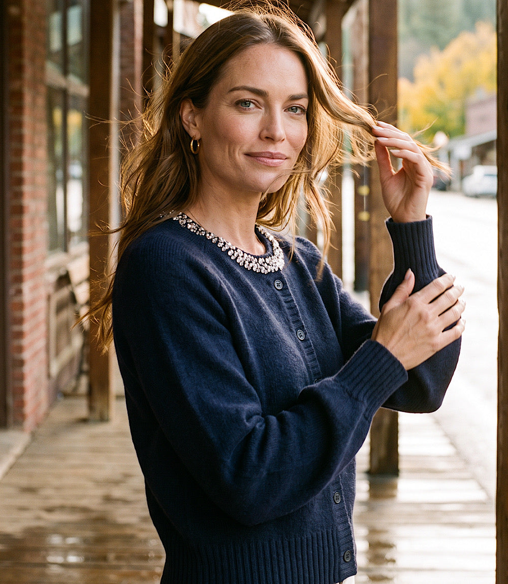 Embellished Crewneck Cardigan Sweater