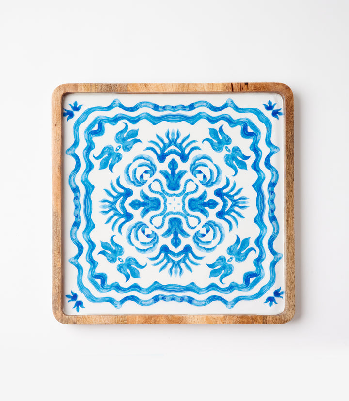 Blue Block Print Serving Trays, Set Of 2