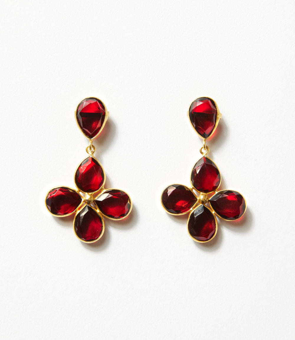 Gemstone cluster earrings with five faceted burgundy synthetic garnet stones in gold-plated brass setting