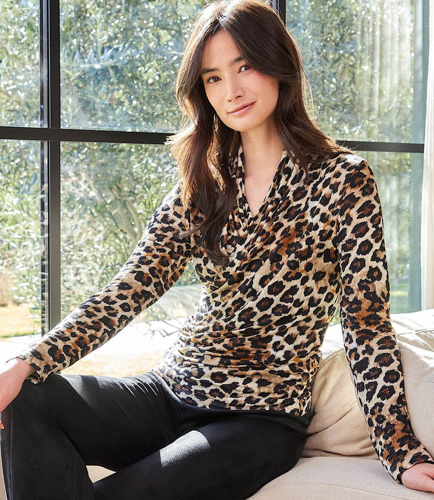 Long Sleeve Crossover Top - Flattering Animal Print Knit Shirt