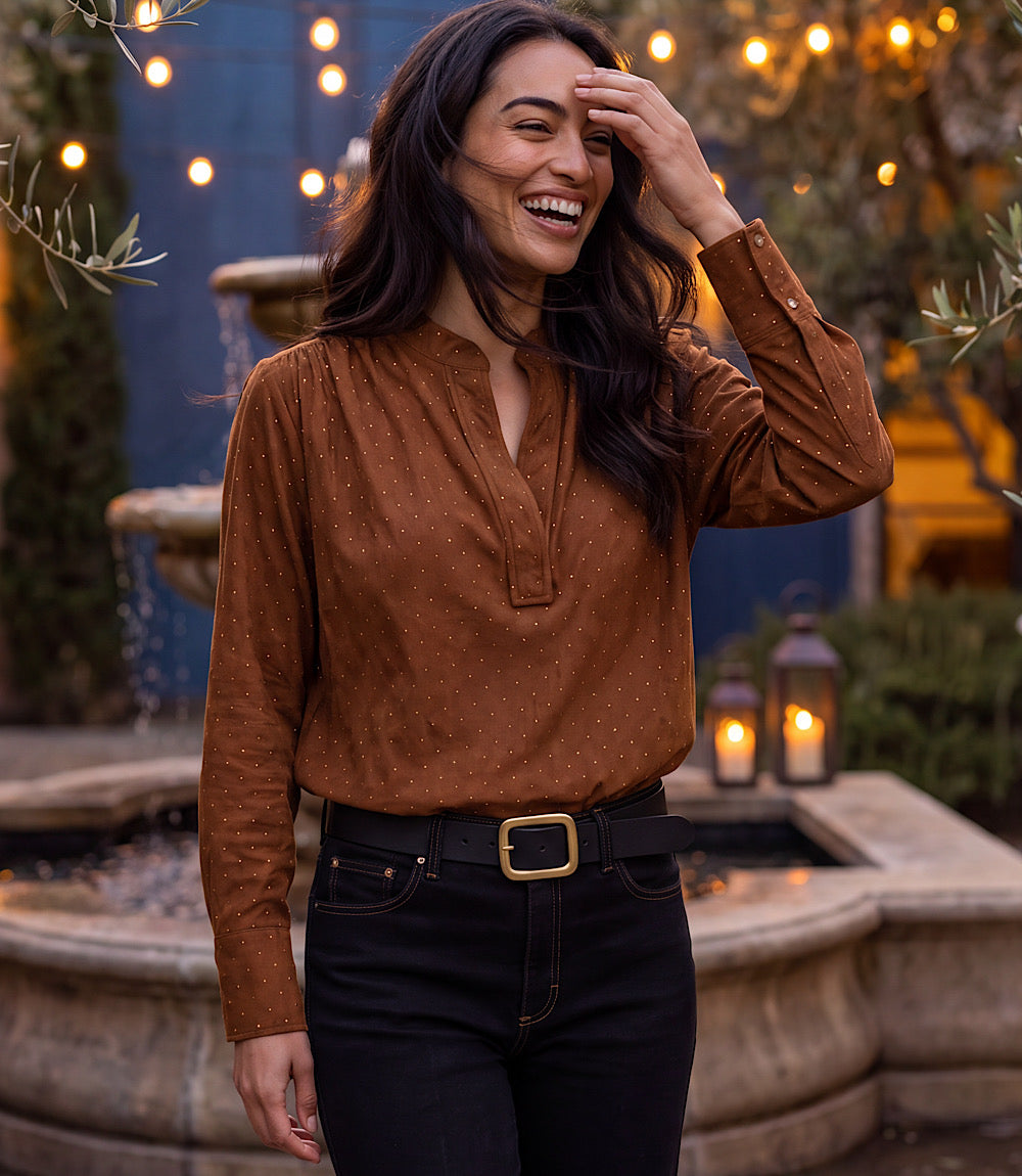 Petite Size Faux Suede Embellished Half-Placket Shirt