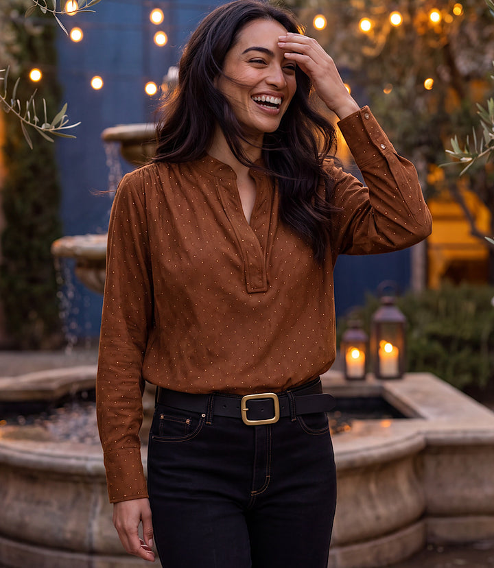 Petite Size Faux Suede Embellished Half-Placket Shirt