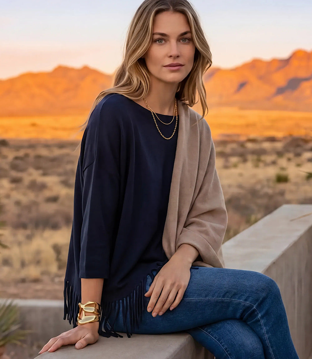 3/4 Sleeve Fringe Boatneck Top