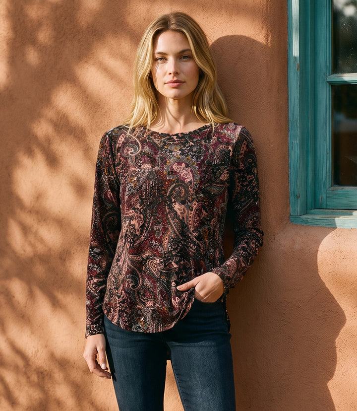 Long Sleeve Velvet Burnout Shirttail Top