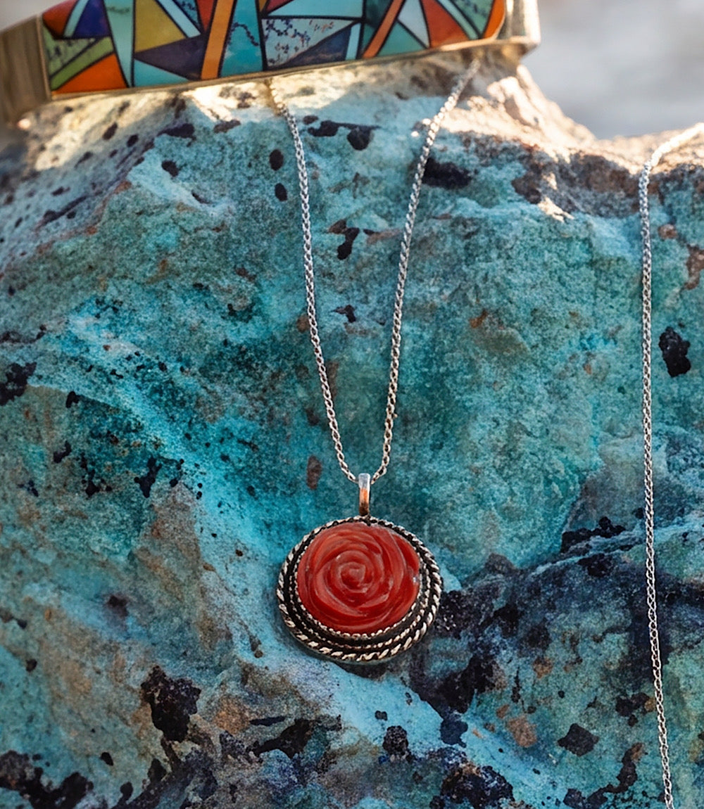 Carved Flower Spiny Oyster Pendant Necklace