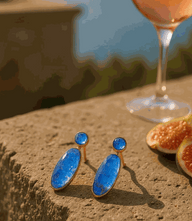 Lapis crystal earrings with double-stone deep blue lapis lazuli and mountain crystal, 18K gold plated design