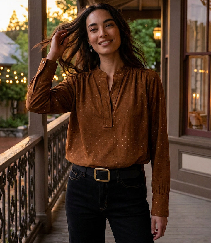 Petite Size Faux Suede Embellished Half-Placket Shirt