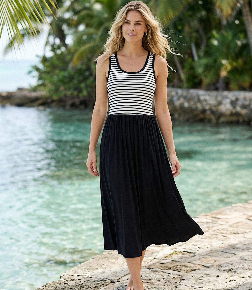 sleeveless striped midi dress for women Women's All the Energy Pink Multi Stripe Cotton Sleeveless Midi Dress | Size: L
