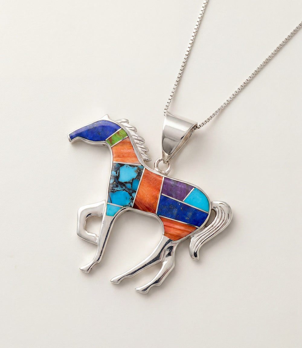 Multi-Stone Inlay Running Horse Pendant Necklace
