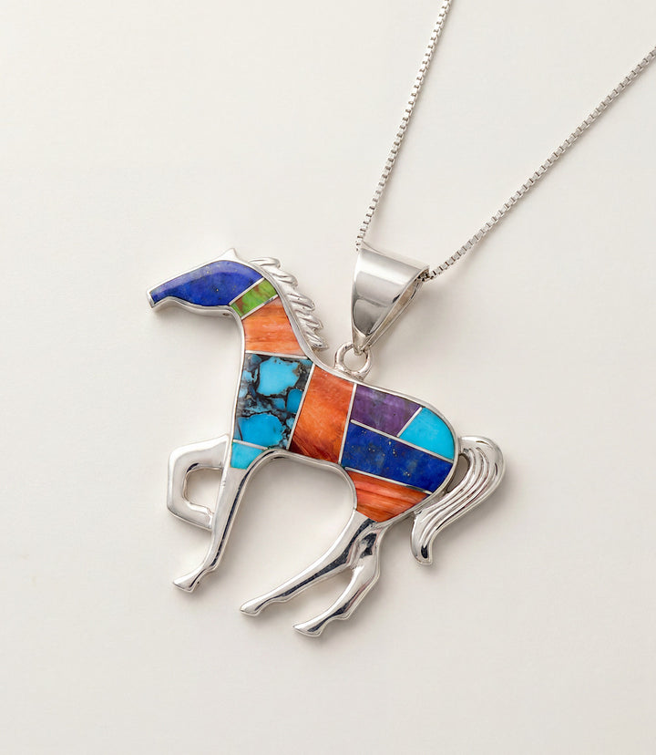 Multi-Stone Inlay Running Horse Pendant Necklace