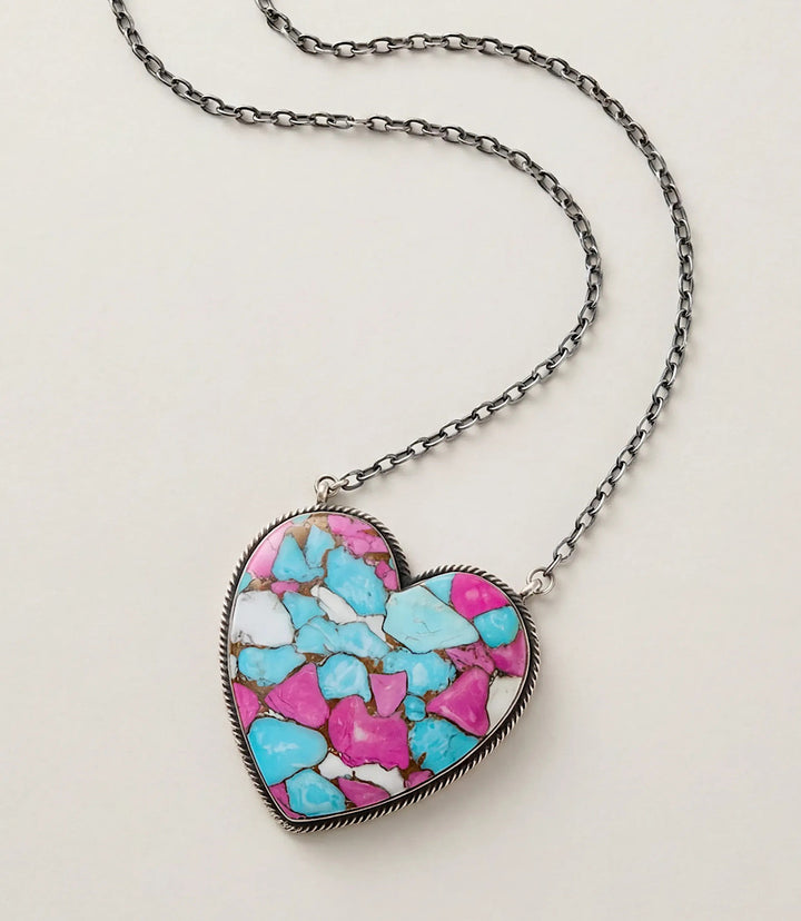 Large Cotton Candy Turquoise Heart Necklace