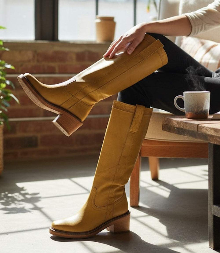 Frye Kate Pull On Riding Boots in yellow mustard leather with square toe and block heel