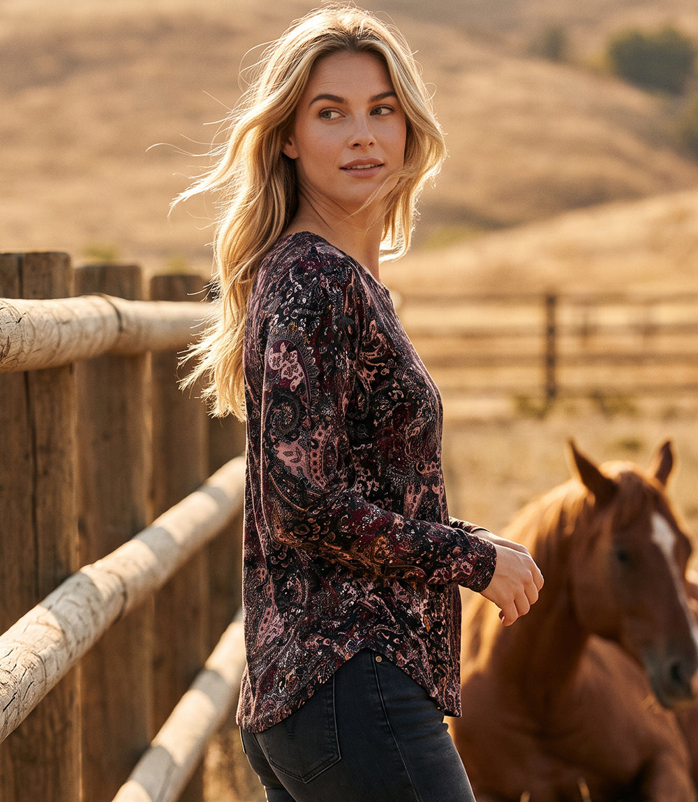 Long Sleeve Velvet Burnout Shirttail Top
