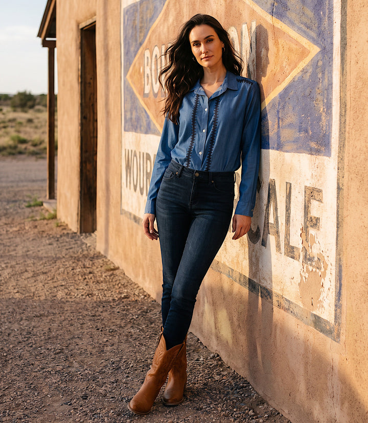 Long Sleeve Crochet Trim Button-Up Shirt