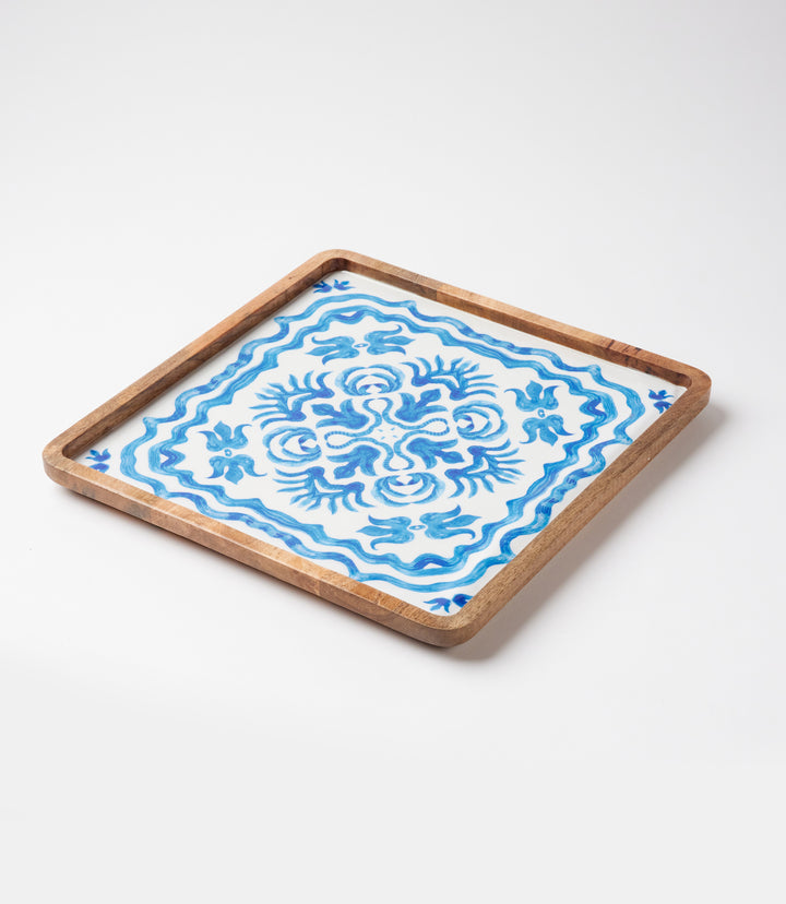 Blue Block Print Serving Trays, Set Of 2