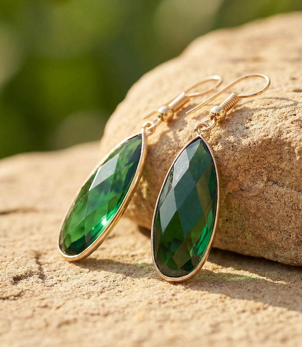 Elegant Emerald Quartz Earrings with faceted green glass stones and gold-plated brass hooks
