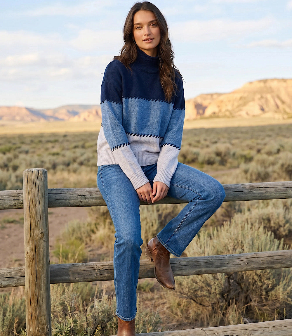 Contrast Stitch Mock Neck Colorblock Sweater