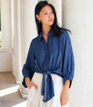 Blouson Sleeve Gemstone Denim Shirt with lightweight tencel fabric, gemstone embellishments, and tie-front hem