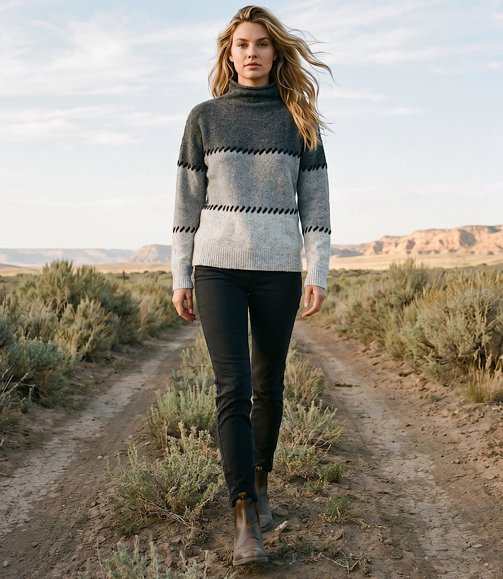 Contrast Stitch Mock Neck Colorblock Sweater