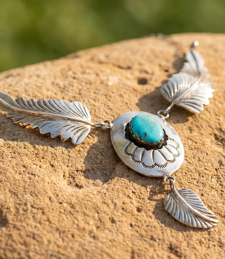 Triple Feather Vintage Turquoise Pendant Necklace