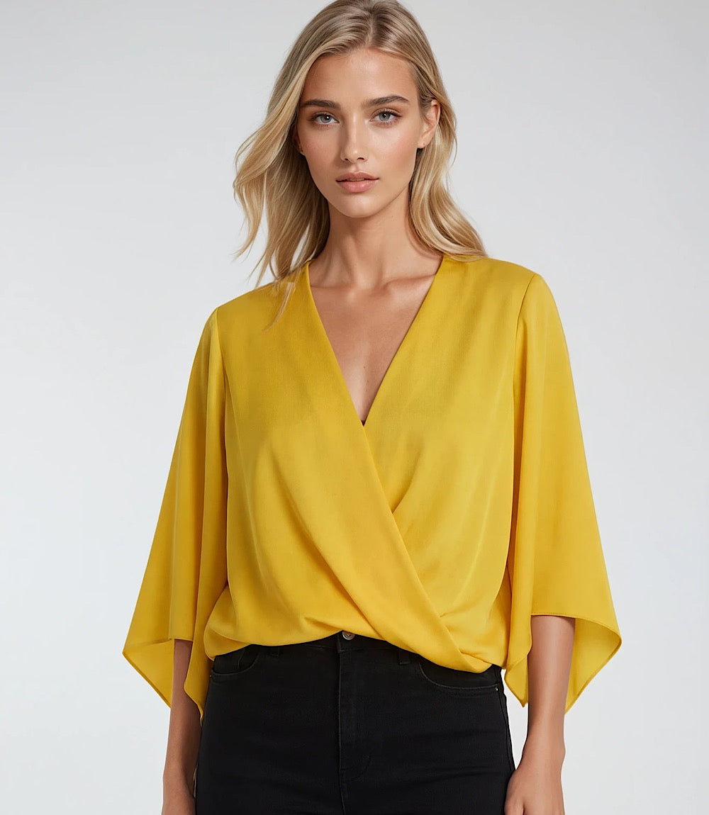 Petite Size Bracelet Sleeve Drape Front Crossover Top