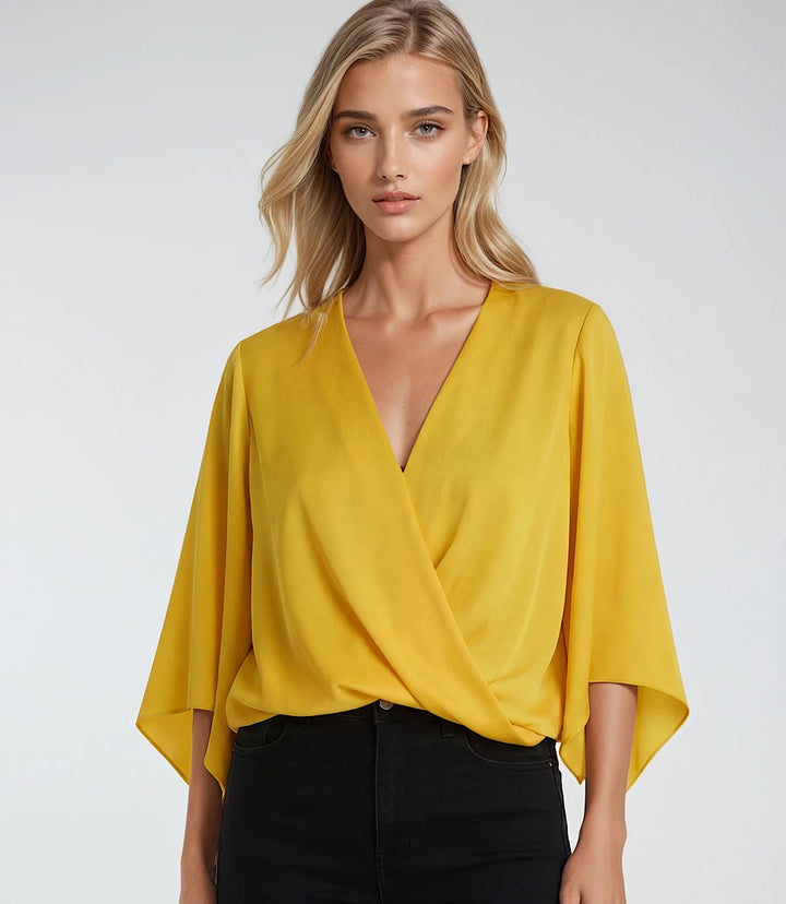 Petite Size Bracelet Sleeve Drape Front Crossover Top