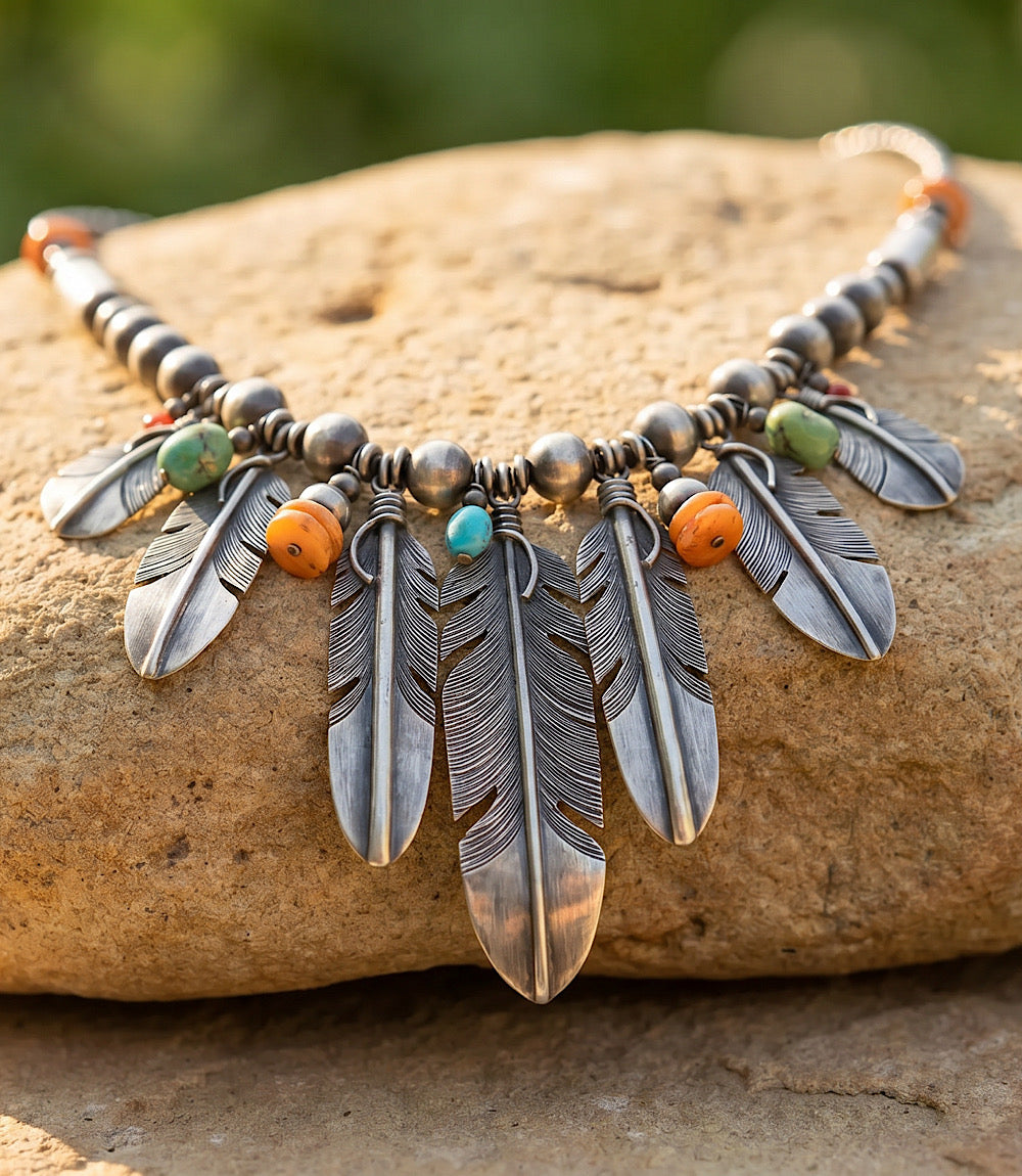 Multi Stone Feather Beaded Turquoise Necklace
