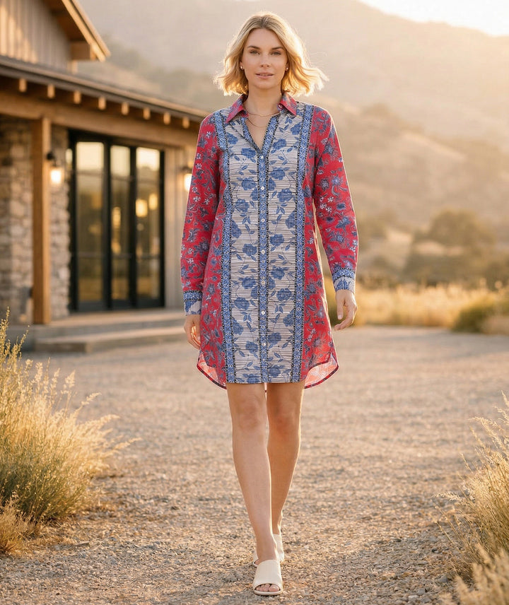 Long Sleeve Border Print Shirtdress