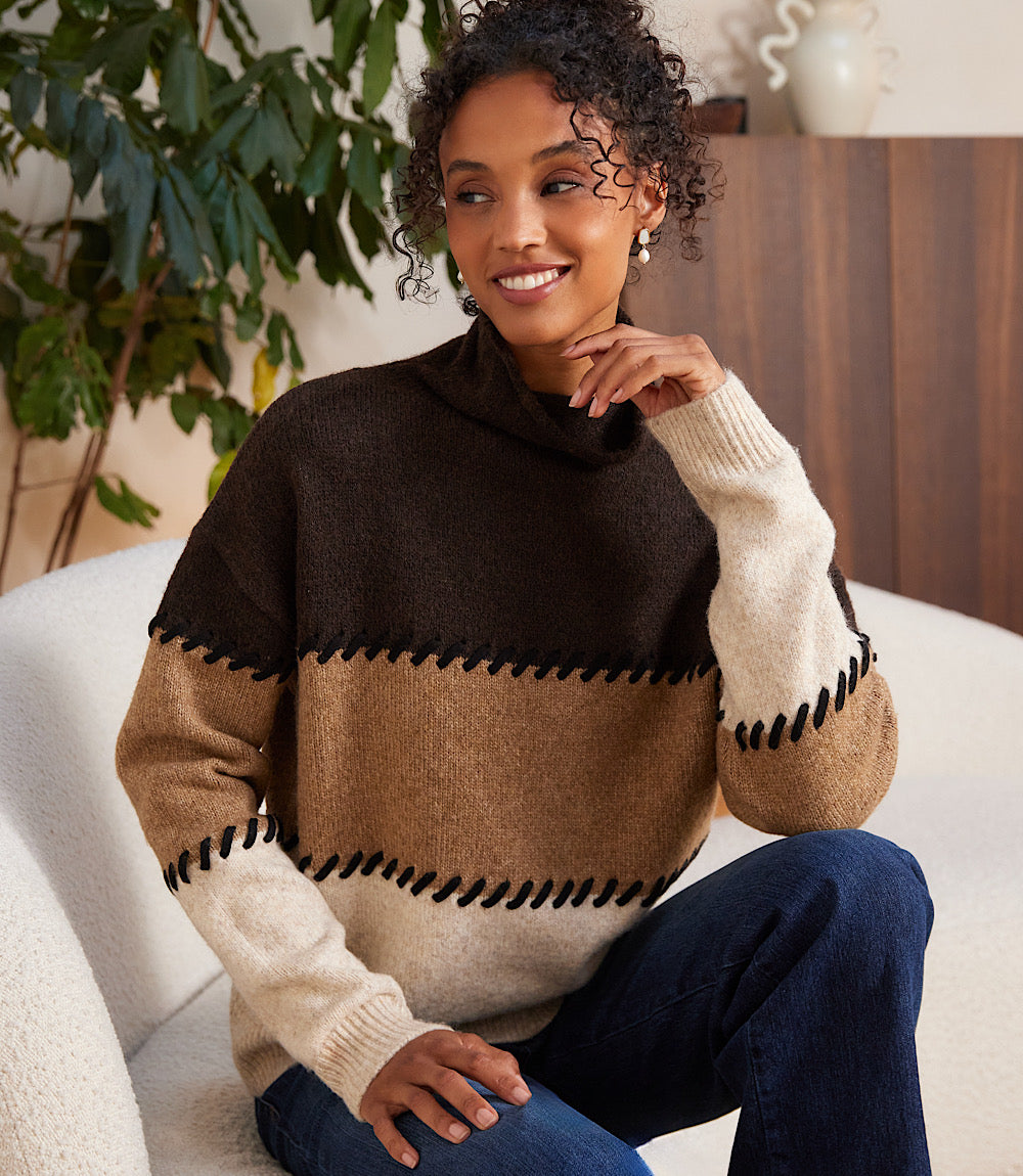 Petite Size Contrast Stitch Mock Neck Colorblock Sweater