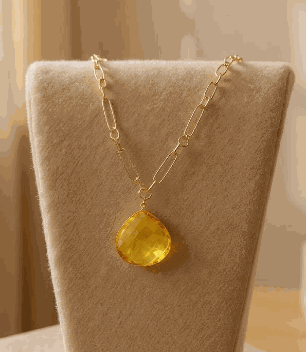Faceted citrine quartz pendant necklace with gold-plated brass chain and oversized yellow stone