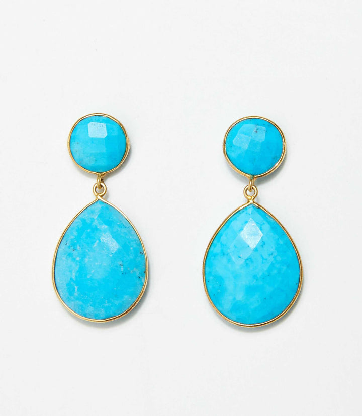 Gold plated teardrop gemstone drop earrings with vibrant turquoise stones