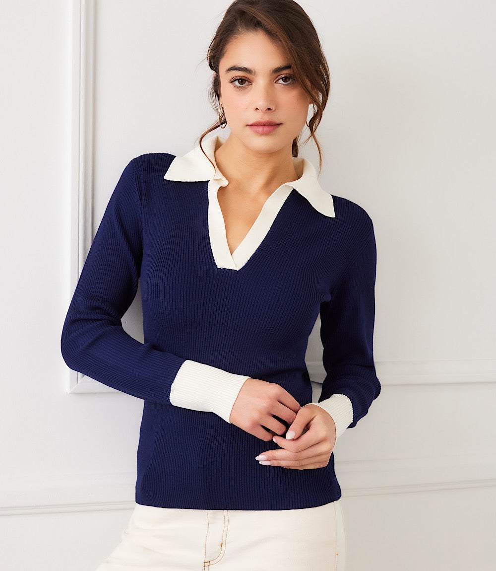 Contrast Ribbed Polo Sweater