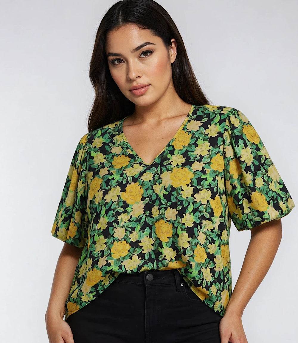 Plus Size Puff Sleeve Top - Flowy V-Neck Blouse in Golden Rose