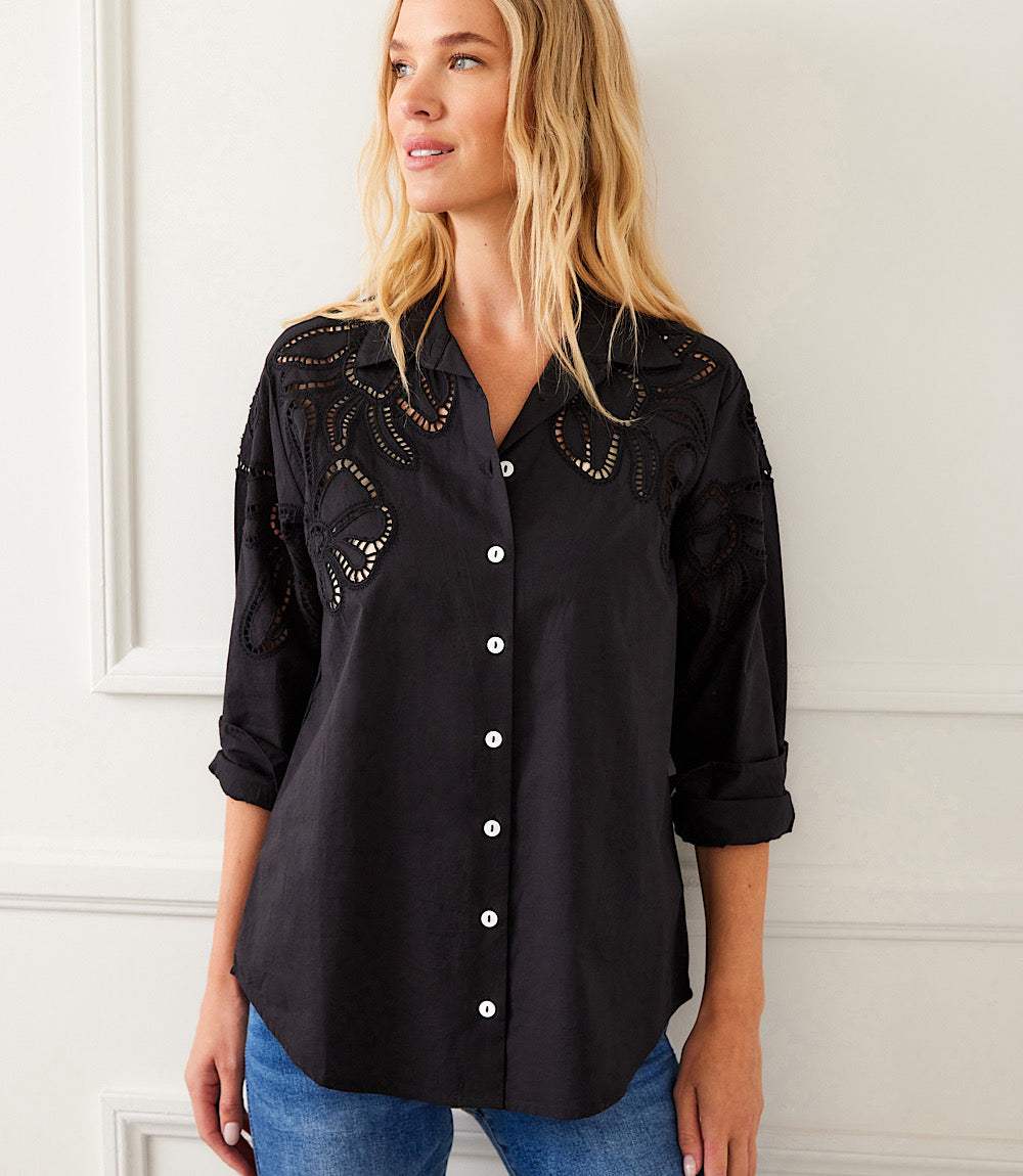 Long Sleeve Cutout Embroidery Shirt