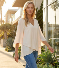 Silky crepe Bracelet Sleeve Asymmetric Top with v-neck and layered asymmetrical hem