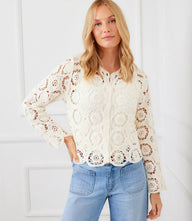 Lightweight crochet soft jacket with button front and scalloped edges, 100% cotton, relaxed fit