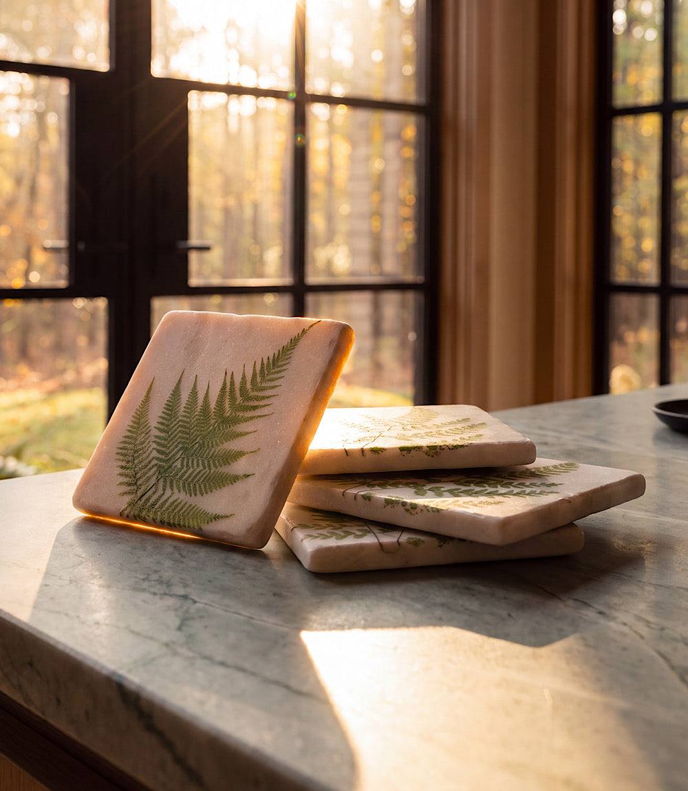 Set of 4 Fern Polished Marble Coasters with vintage fern design and cork backing