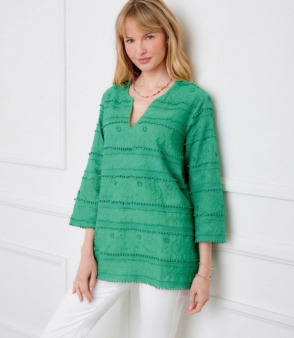 3/4 sleeve embroidered tunic with split neckline and intricate embroidery, lightweight cotton fabric, relaxed fit.