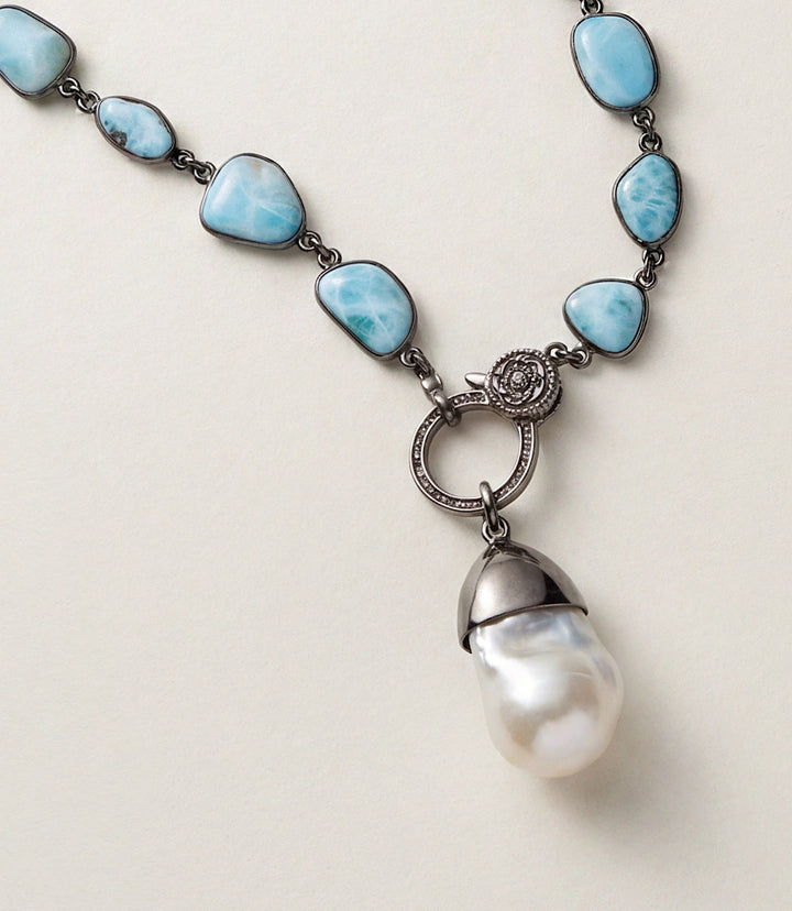 Larimar Bezeled Necklace With Pearl Pendant