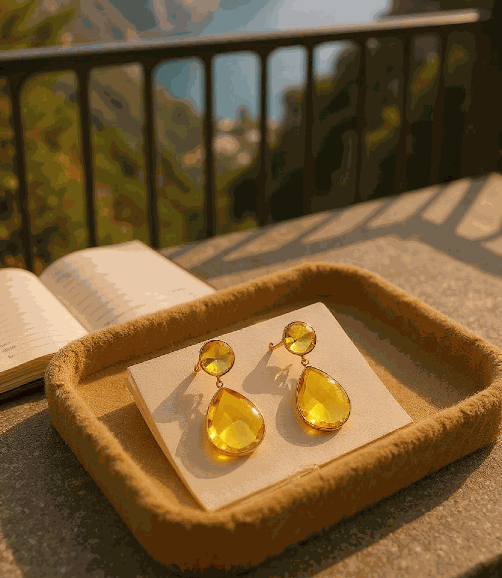 Teardrop gemstone citrine drop earrings with gold plating displayed on a velvet tray against a blurred outdoor background