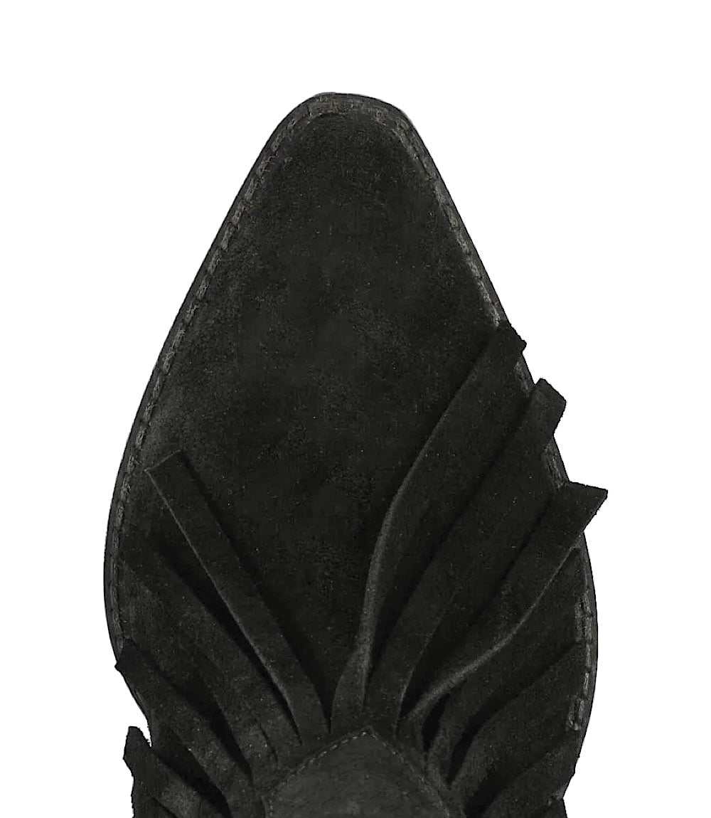 Black suede Seychelles Easy Come Easy Go fringe ankle booties with pointed toe and low block heel