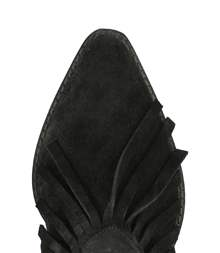 Black suede Seychelles Easy Come Easy Go fringe ankle booties with pointed toe and low block heel