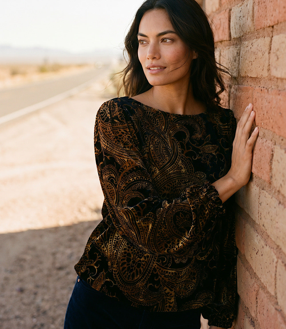 Blouson Sleeve Velvet Burnout Boatneck Top