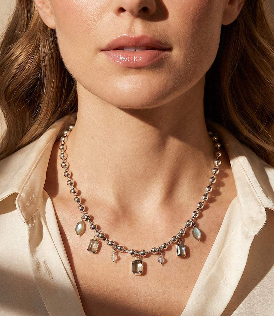 Labradorite Station Necklace - Elegant 14K Gold Vermeil & Silver