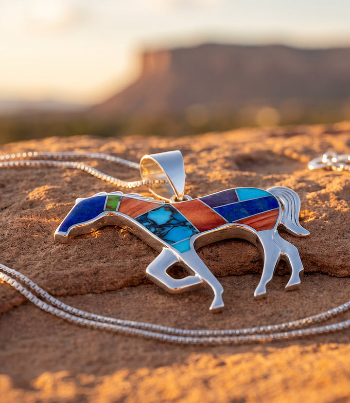 Multi-Stone Inlay Running Horse Pendant Necklace