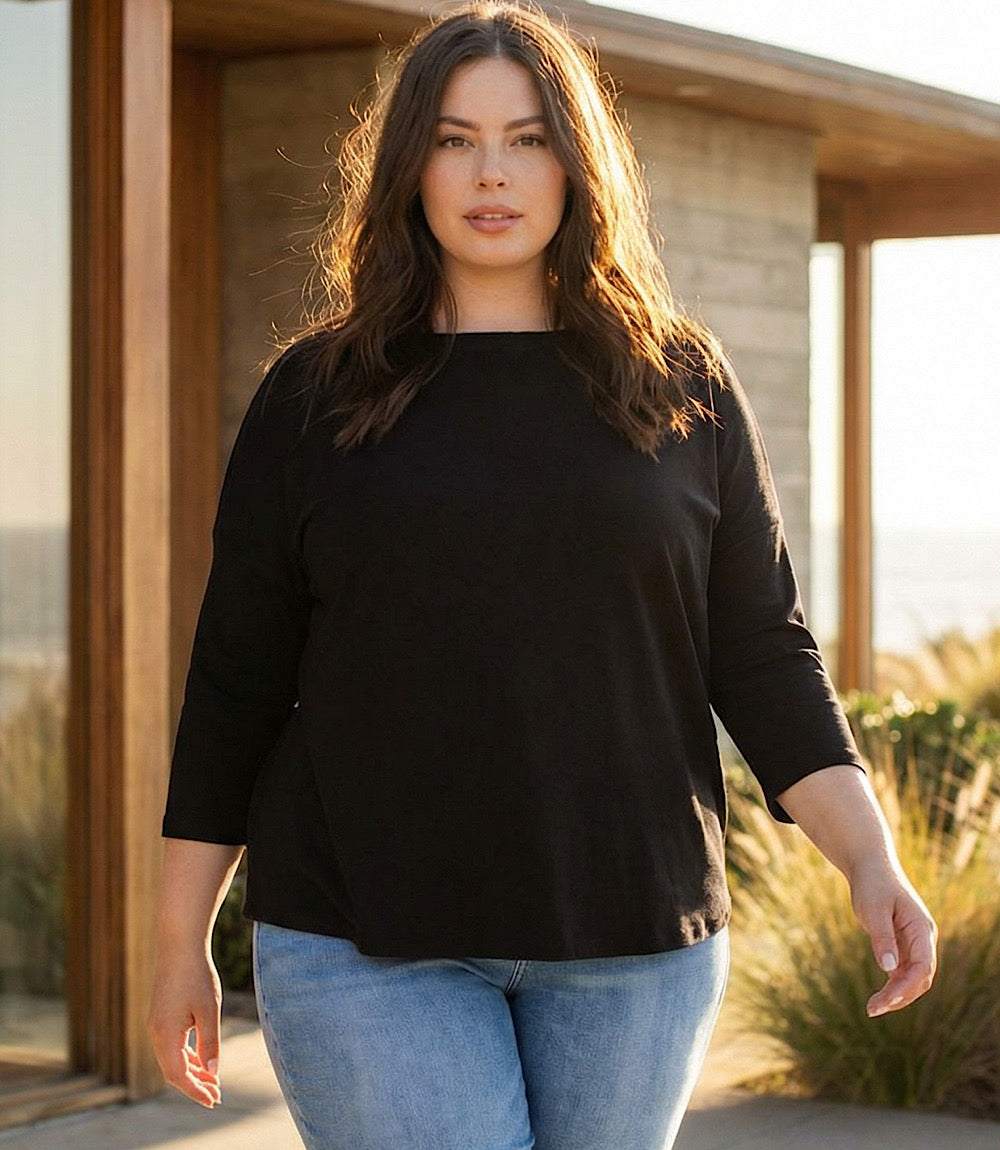 Plus size boatneck top with fitted bust, relaxed waist, made from hemp organic cotton blend, 3/4 sleeves, sustainable fashion