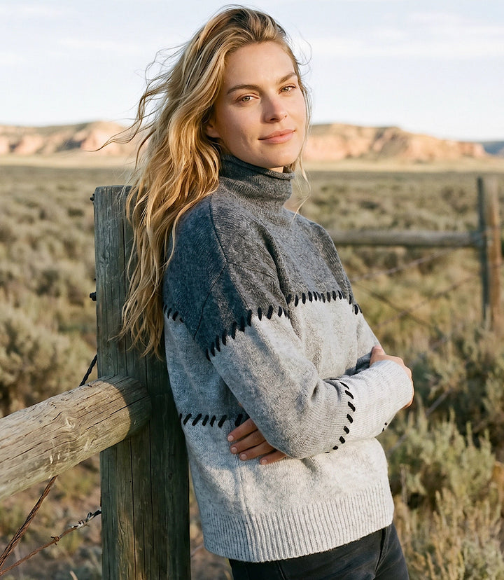 Contrast Stitch Mock Neck Colorblock Sweater