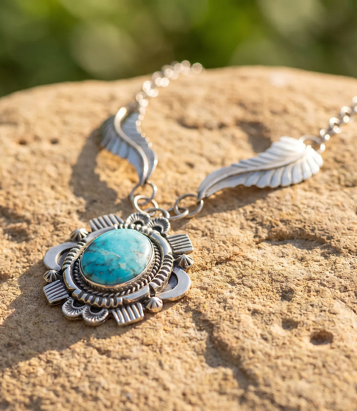 Silver Feather Turquoise Pendant Necklace