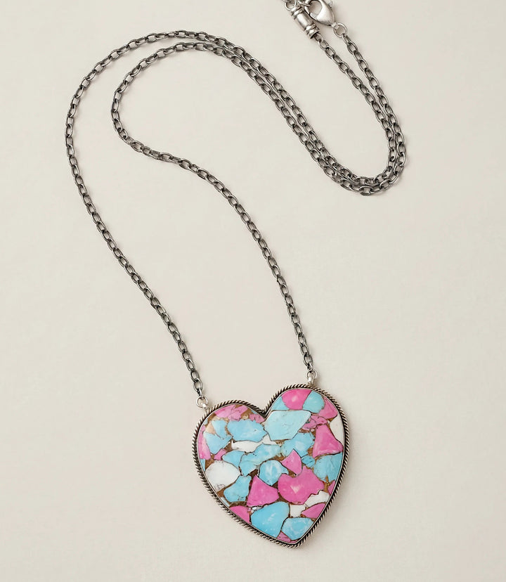 Large Cotton Candy Turquoise Heart Necklace