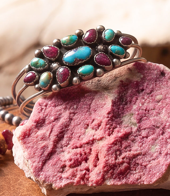 Beaded Turquoise and Purple Spiny Oyster Cuff Bracelet